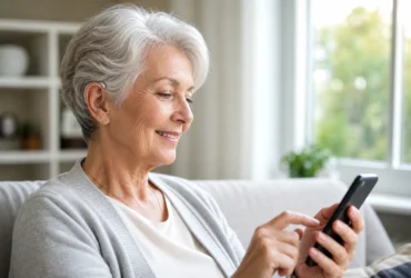 Personne senior utilisant un smartphone avec une aide auditive discrète