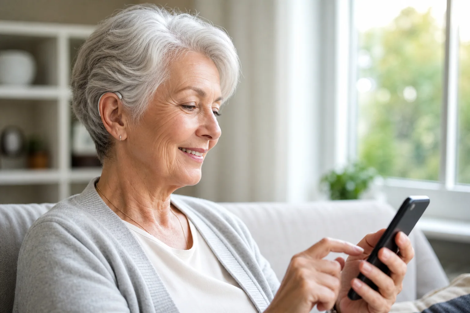Personne senior utilisant un smartphone avec une aide auditive discrète