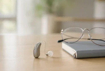 Appareil auditif posé sur une table avec lunettes et carnet
